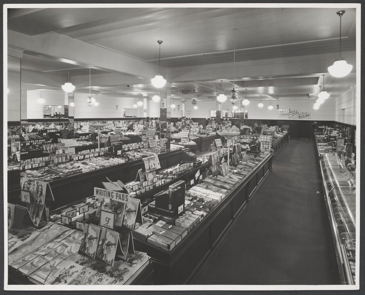 Interior of store showing counters displaying stationery goods in foreground at old store Sydney Road Brunswick Store No. 3 (1947)