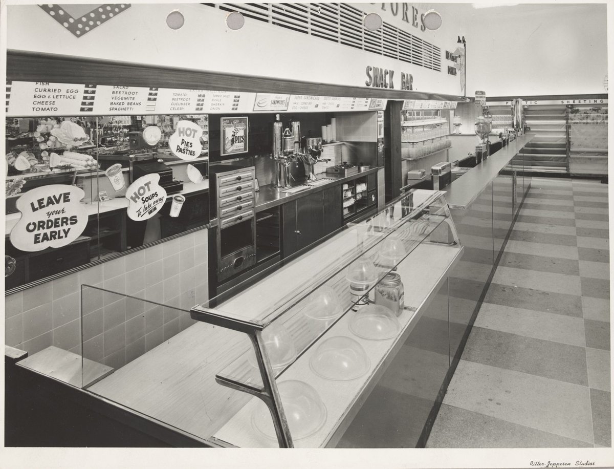 Coles cafeteria with long service counter and signage for hot soups pies and pasties Coburg Store. No. 21 (1947)