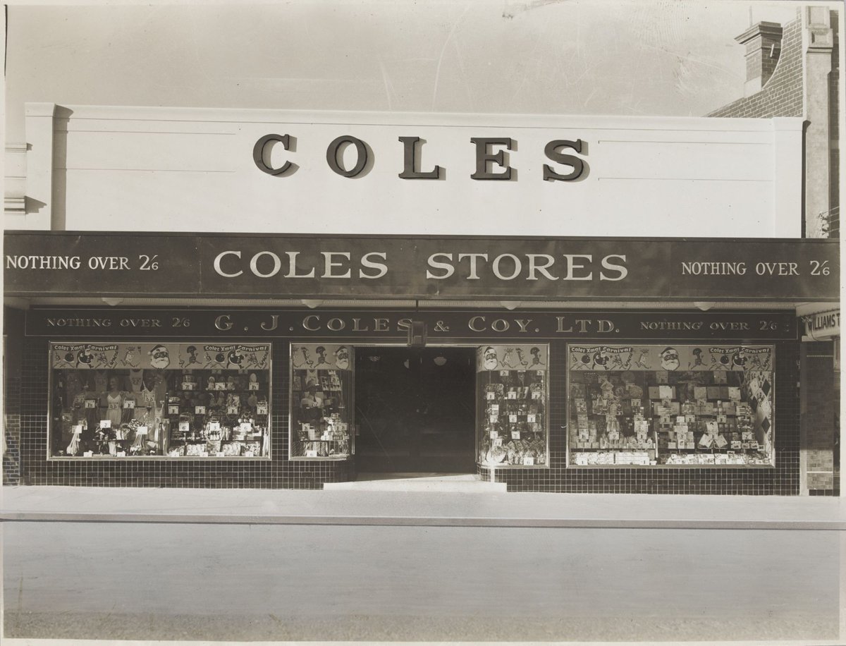 Front exterior of Coles store with signage 'Nothing over 2/6' Williamstown Store No. 73 (1930s)