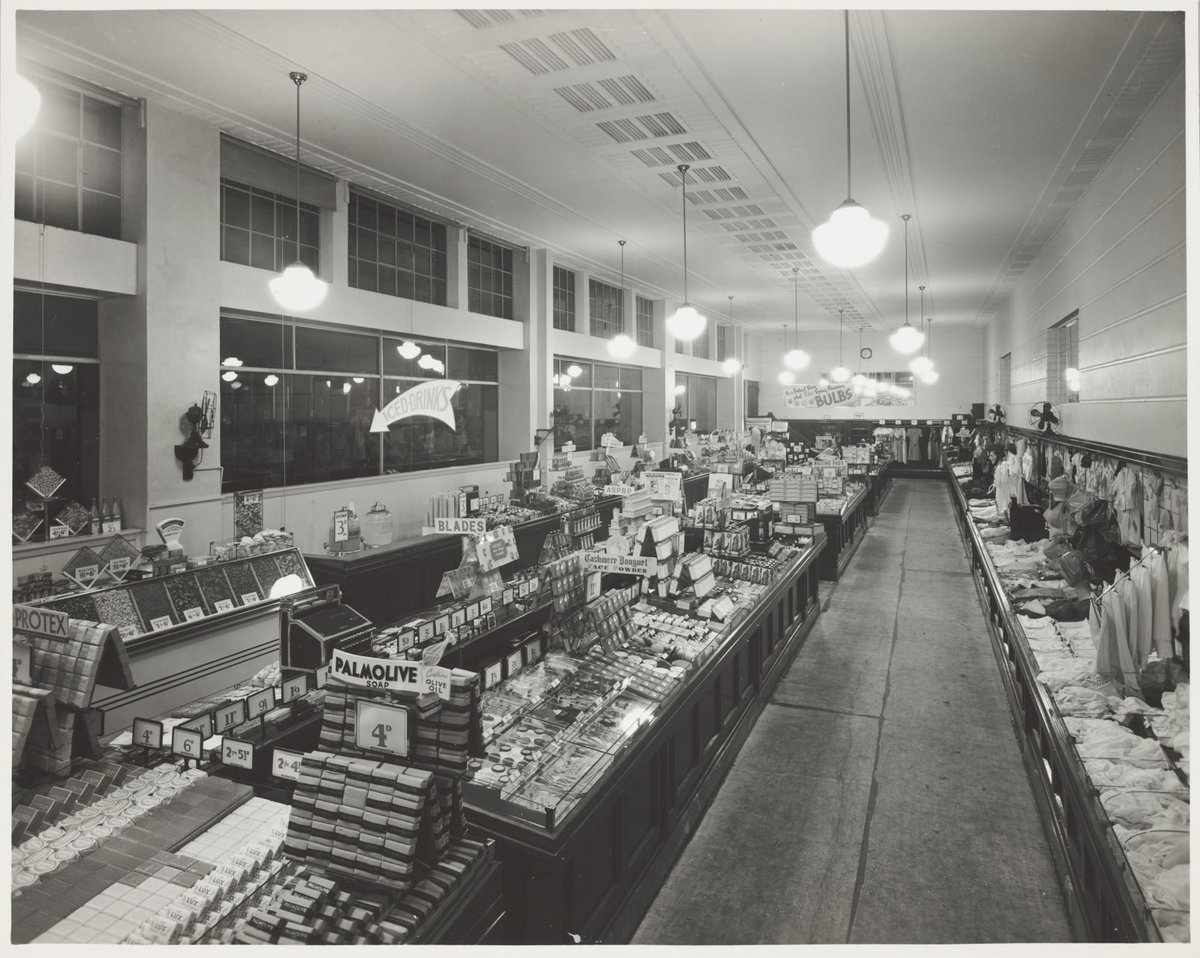Interior of Coles store Hawthorn including a display of Palmolive soap containing olive oil for 4d at Glenferrie Store No. 17 (1947)