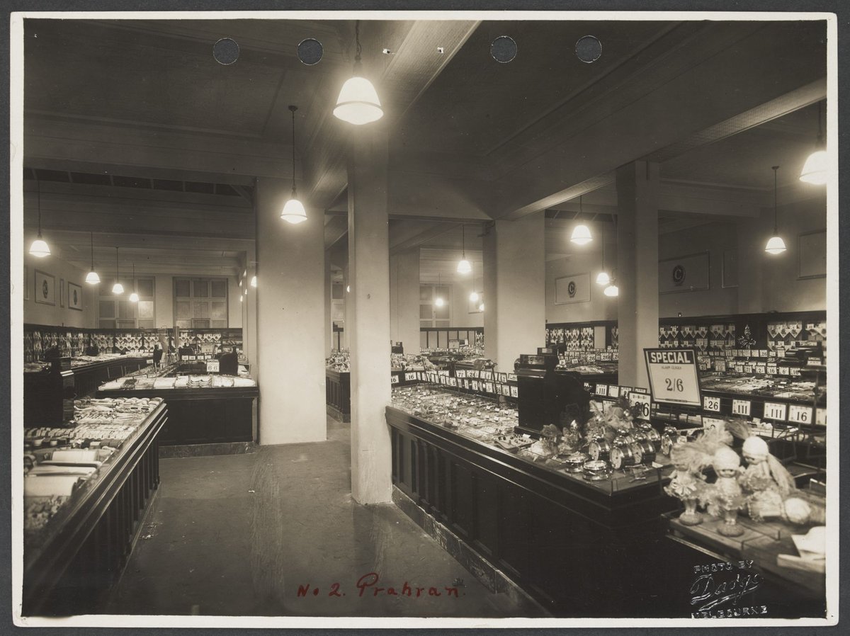 Counters displaying variety of goods with prices prominently displayed at Prahran Coles Variety Store No. 2 (1930–35)