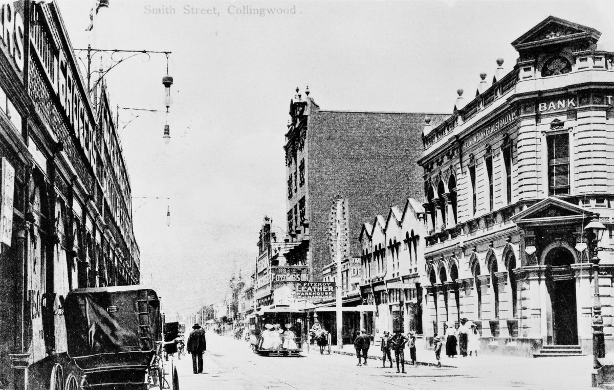 Smith Street, Collingwood, includes businesses, horse-drawn vehicles, cable car and pedestrians (1906–14)