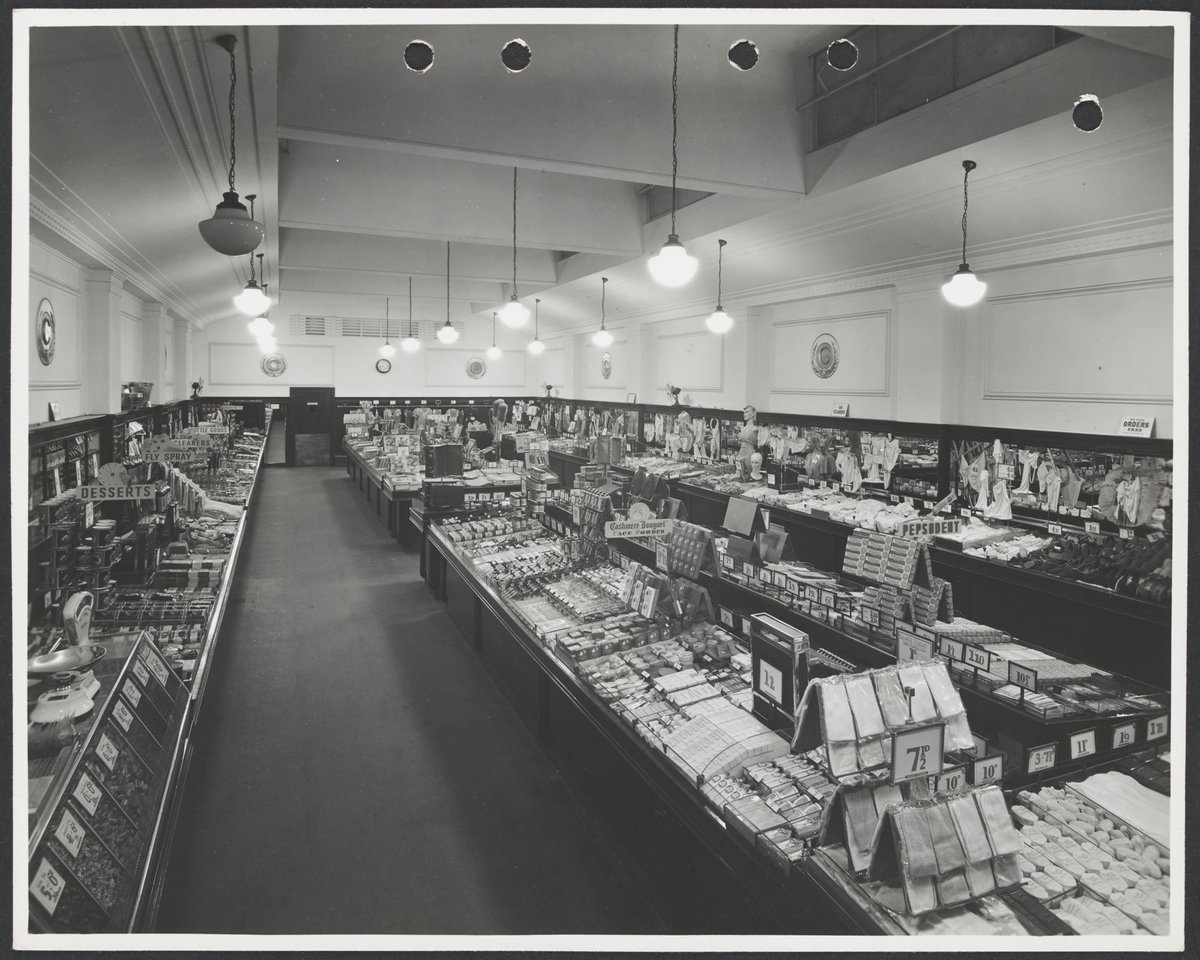 Interior of Coles Store at 463a High Street Preston showing counters of merchandise including Softasilk hand cream for 1/2 Store No. 20 (1947)