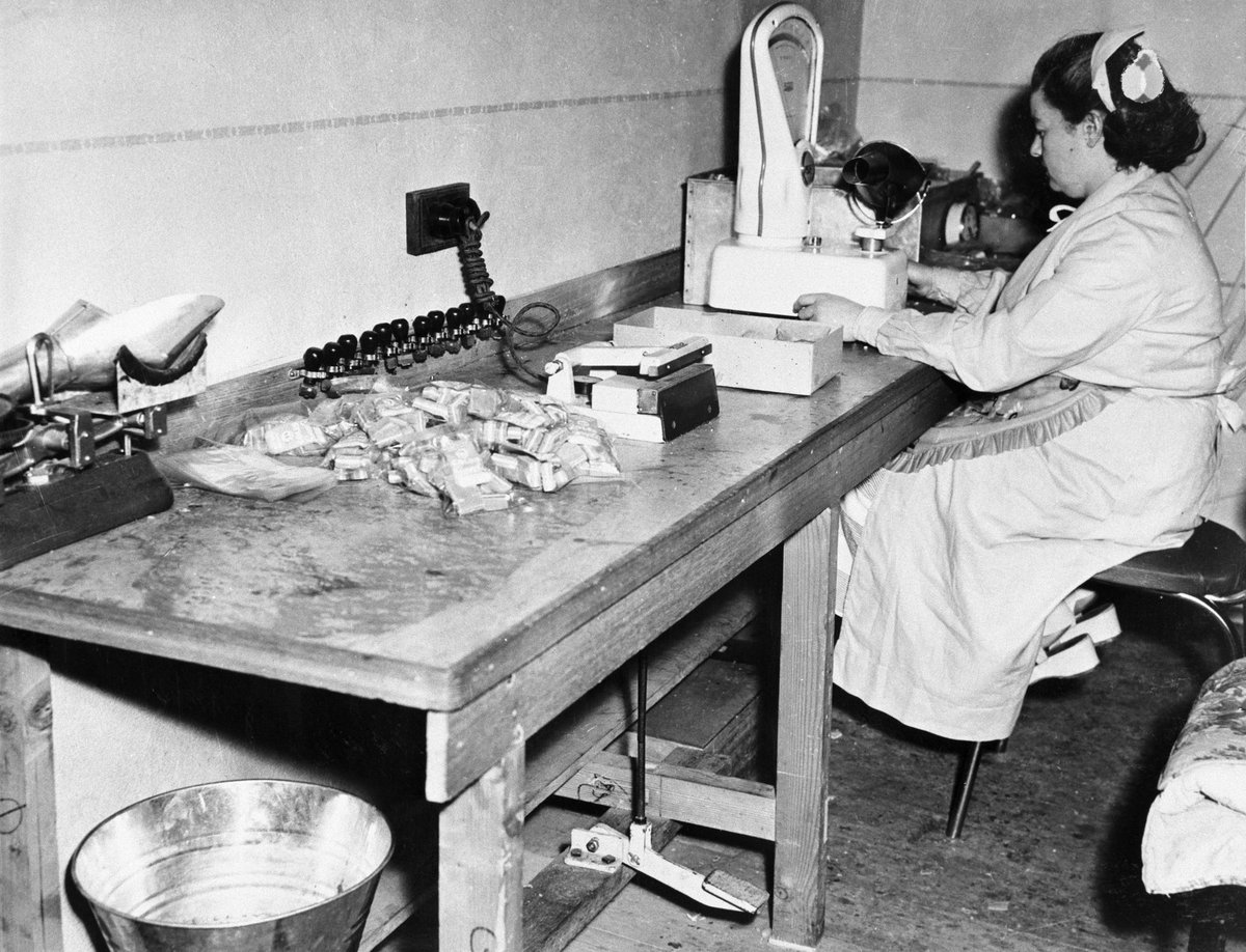 Female employee working at a wooden bench packaging sweets in Coles Box Hill Store No. 44 (1954)