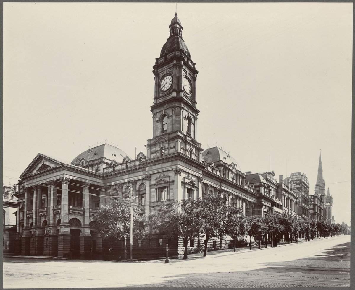 THE TOWN HALL, CORNER OF COLLINS AND SWANSTON STREETS. (Towers of Scotch and Independent Churches in distance.), Melbourne City (1901)