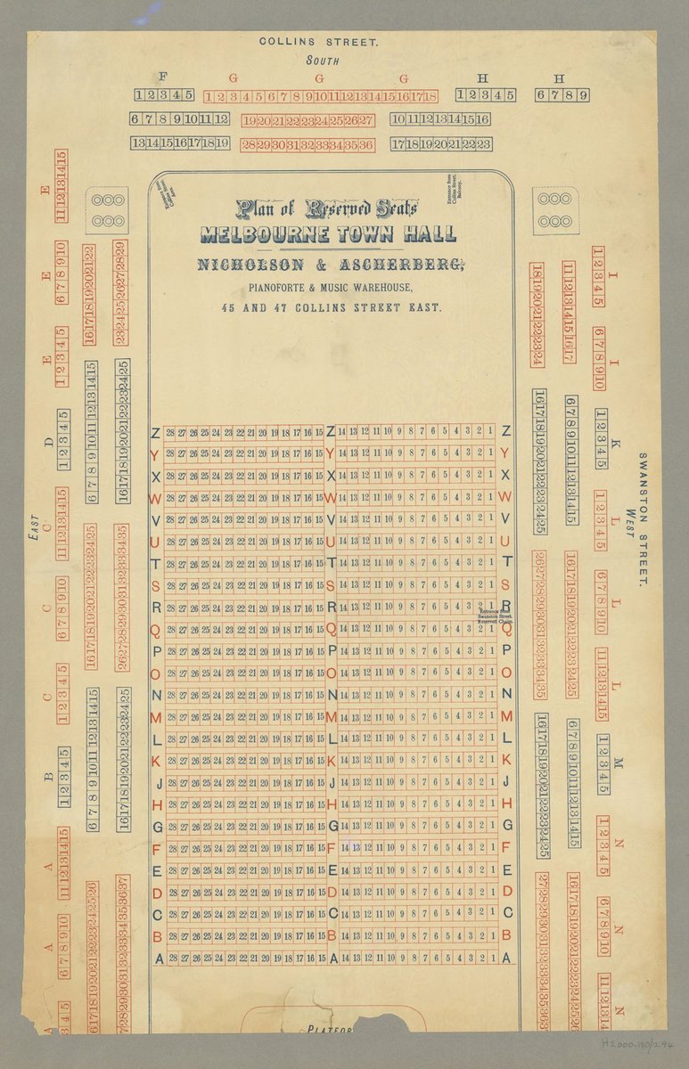 Plan of Reserved Seats Melbourne Town Hall, Melbourne City (1880–90)