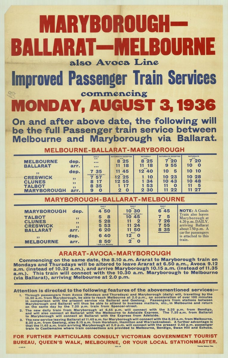 Maryborough-Ballarat-Melbourne also Avoca line - improved passenger train services commencing Monday August 3 1936 (1935–42)