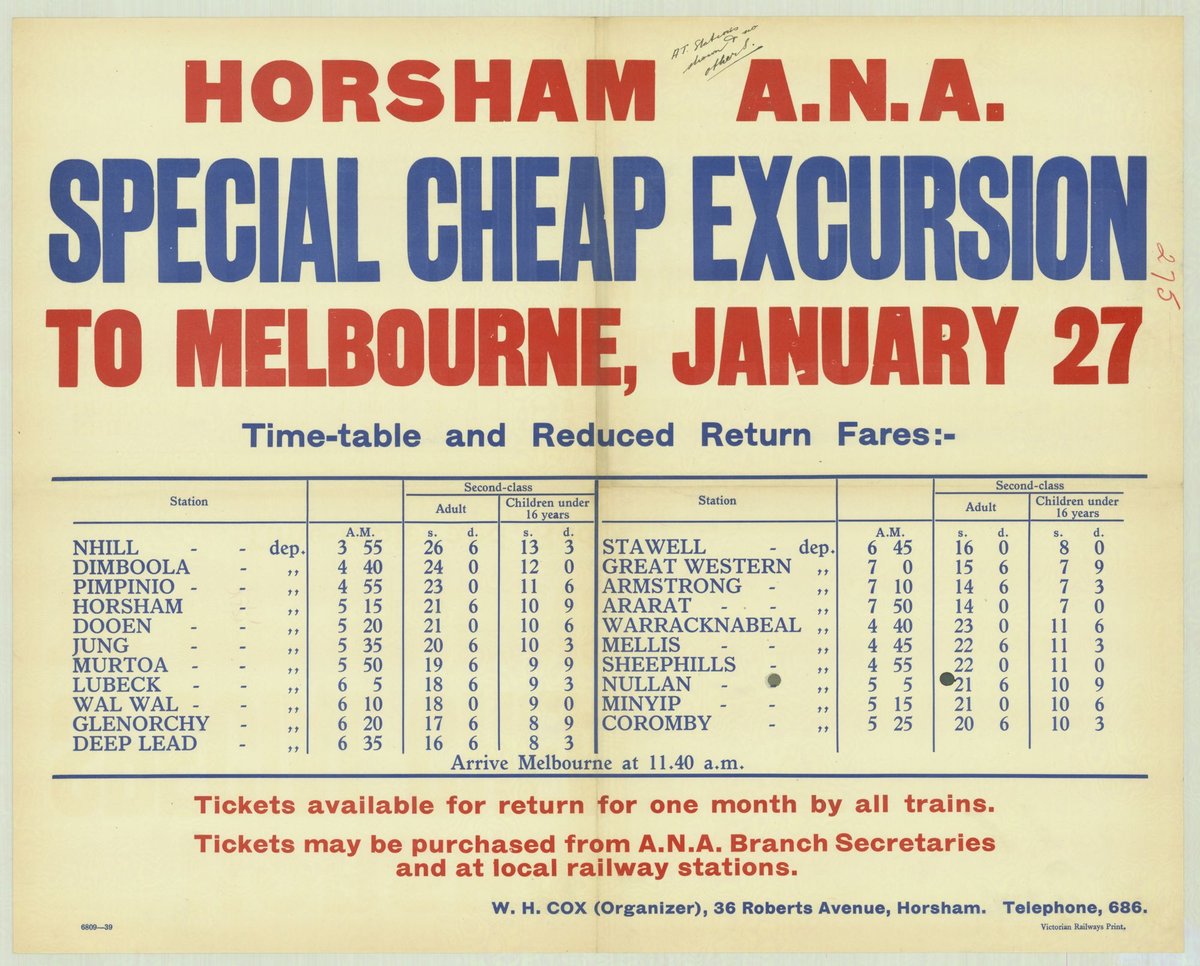 Horsham A.N.A. special cheap excursion to Melbourne January 27 (1935–42)
