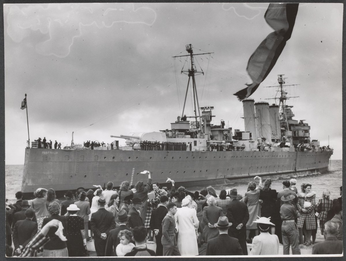 H.M.A.S. Australia leaving Station Pier in Port Melbourne (c. 1946)