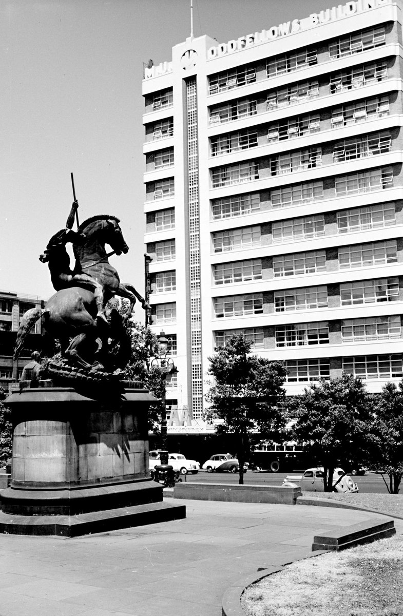 Oddfellows building viewed from forecourt of State Library of Victoria , Melbourne, Melbourne City (1954)