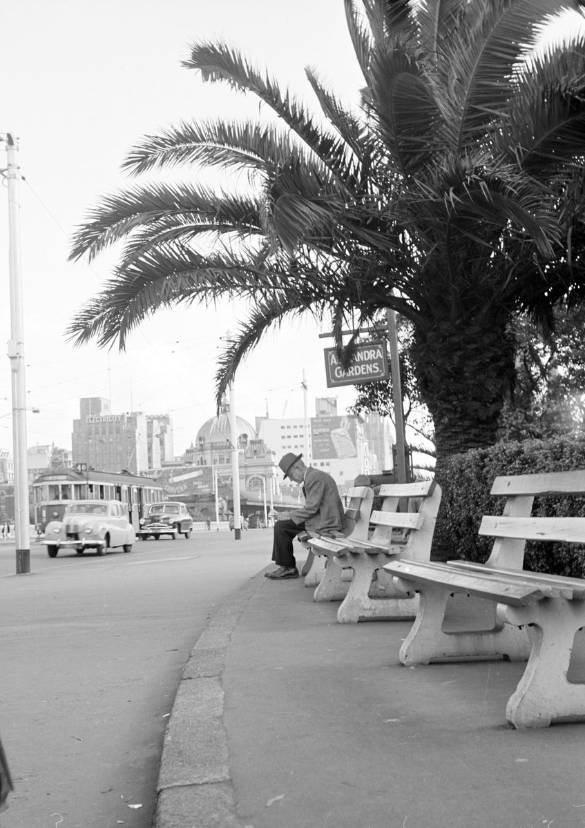 Man sitting on park bench next to St. Kilda Road, near entrance to Alexandra Gardens, Melbourne, Melbourne City (1954)