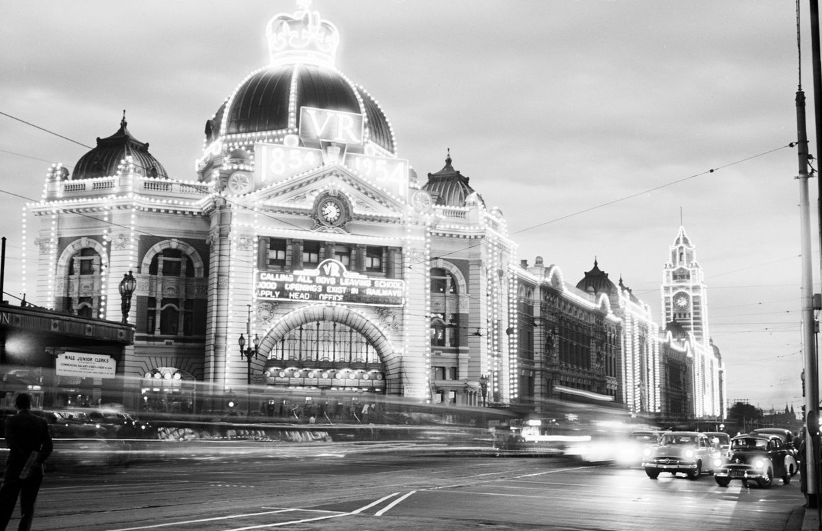 Flinders Street Railway Station at night, Melbourne, Melbourne City (1954)