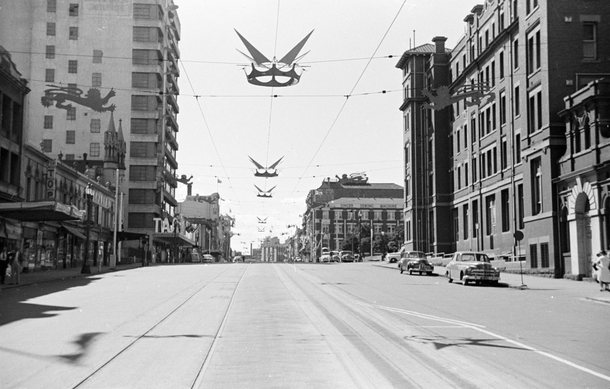 Street decorations in Melbourne during the royal tour of 1954