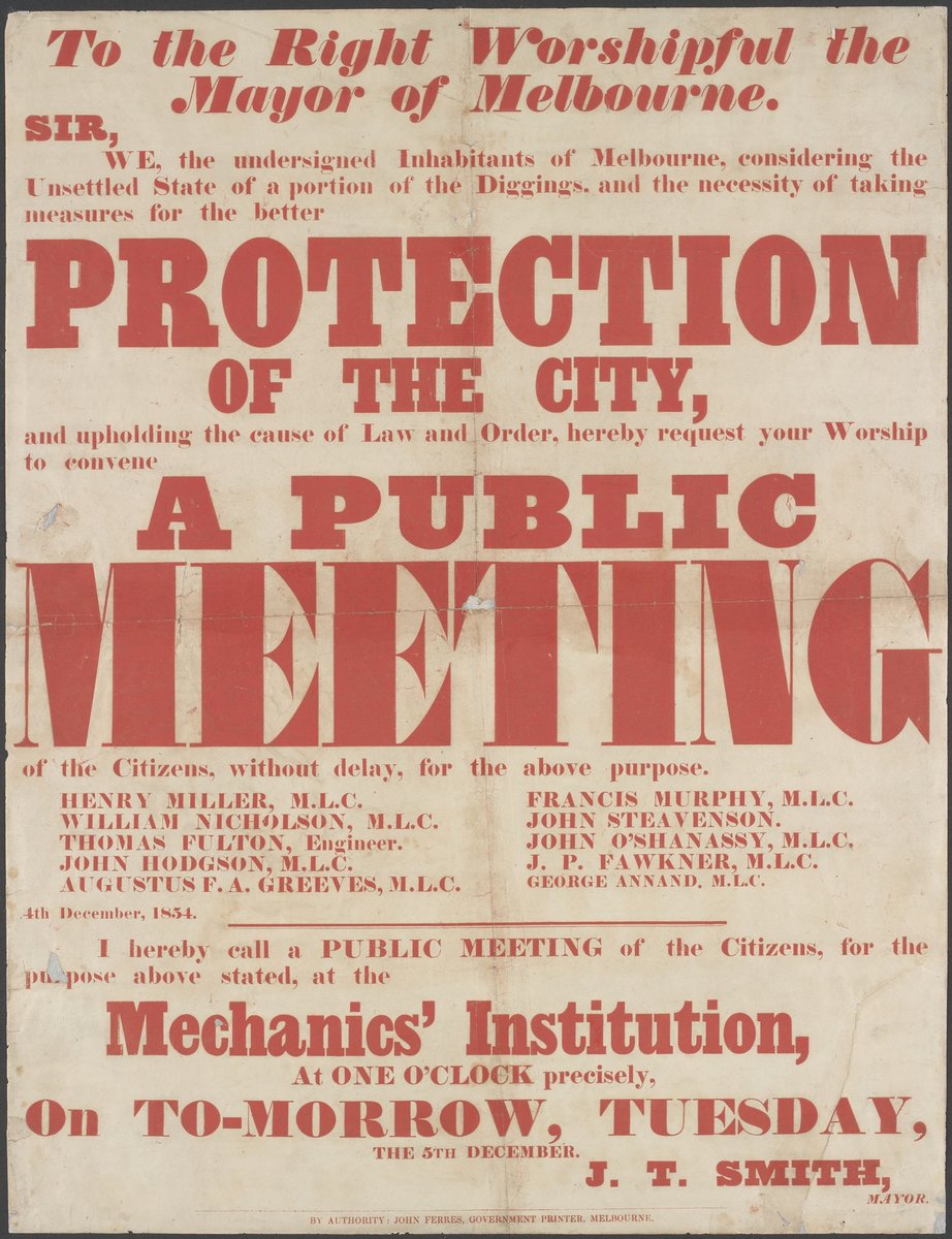 To the Right Worshipful the Mayor of Melbourne... [from] the undersigned Inhabitants of Melbourne considering the Unsettled State of a portion of the Diggings, and the necessity measures for the Better PROTECTION OF THE CITY, and upholding the cause of Law and Order, hereby request your Worship to convene A PUBLIC MEETING (1854)