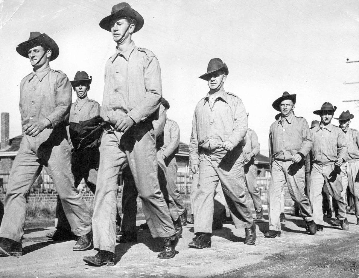 Dandenong Camp. Troops tramp on a route march (c. 1940)