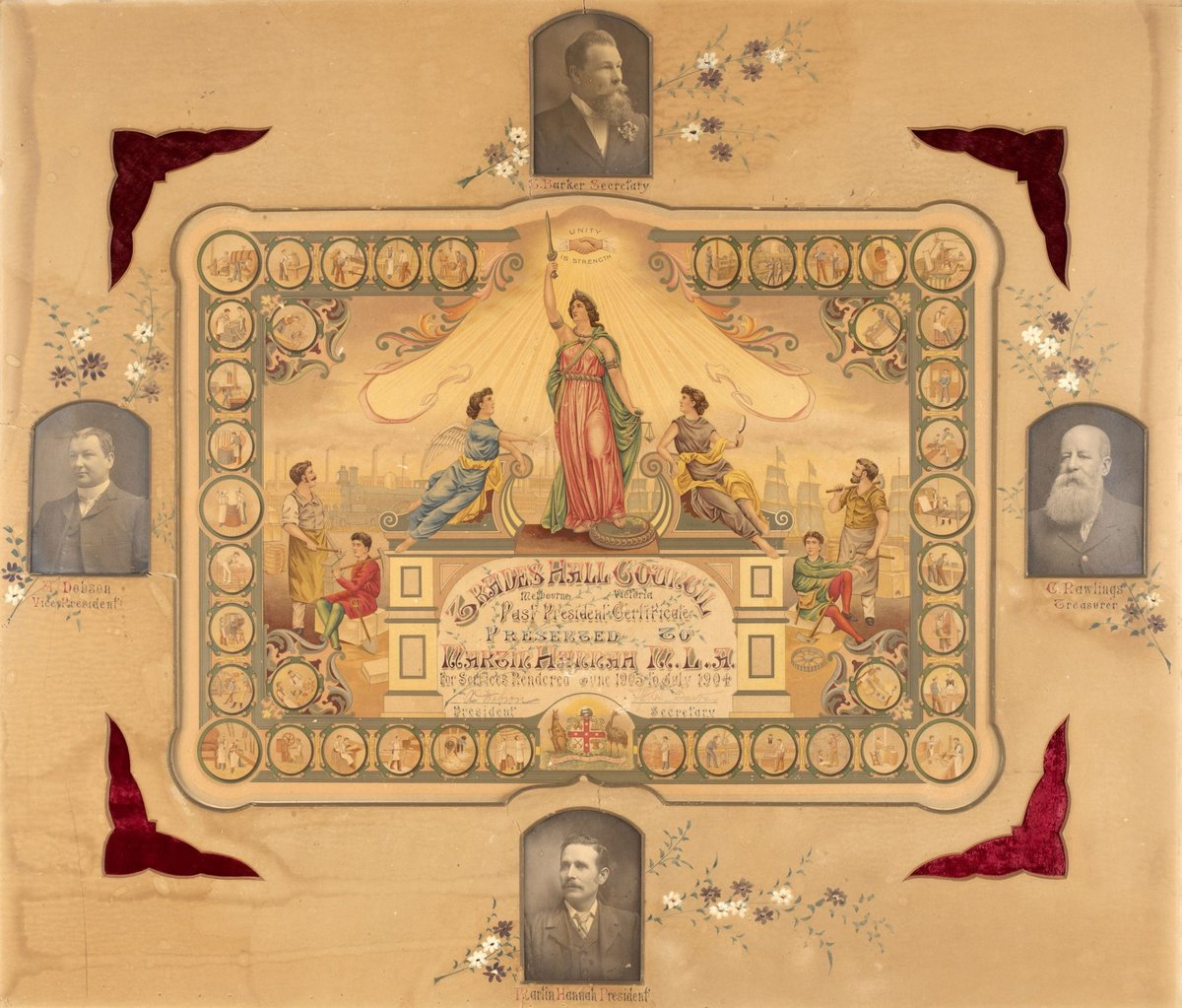 Trades Hall Council, Melbourne Victoria, Past President Certificate. Presented to Martin Hannah M.L.A. for Services Rendered June 1903 to July 1904, Carlton
