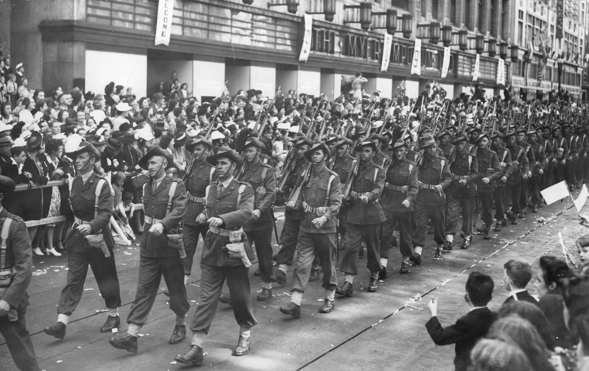 Military procession in Melbourne, Bourke Street and towards Elizabeth Street, 1943, Melbourne City