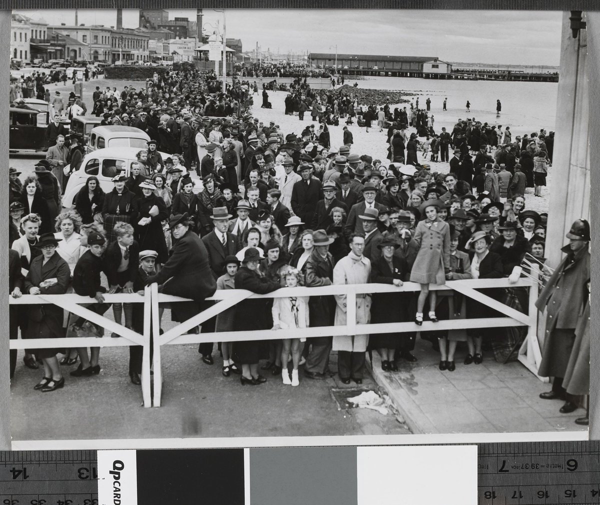 A small section of the monster crowd which extended from a mile west of the pier right to St. Kilda, a distance of about four miles, to watch the ships depart, St Kilda (c. 1940)