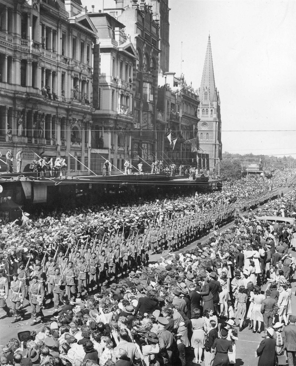 A.I.F. soldiers of the 9th Division in Swanston Street, during a march in Melbourne, 1943, Melbourne City