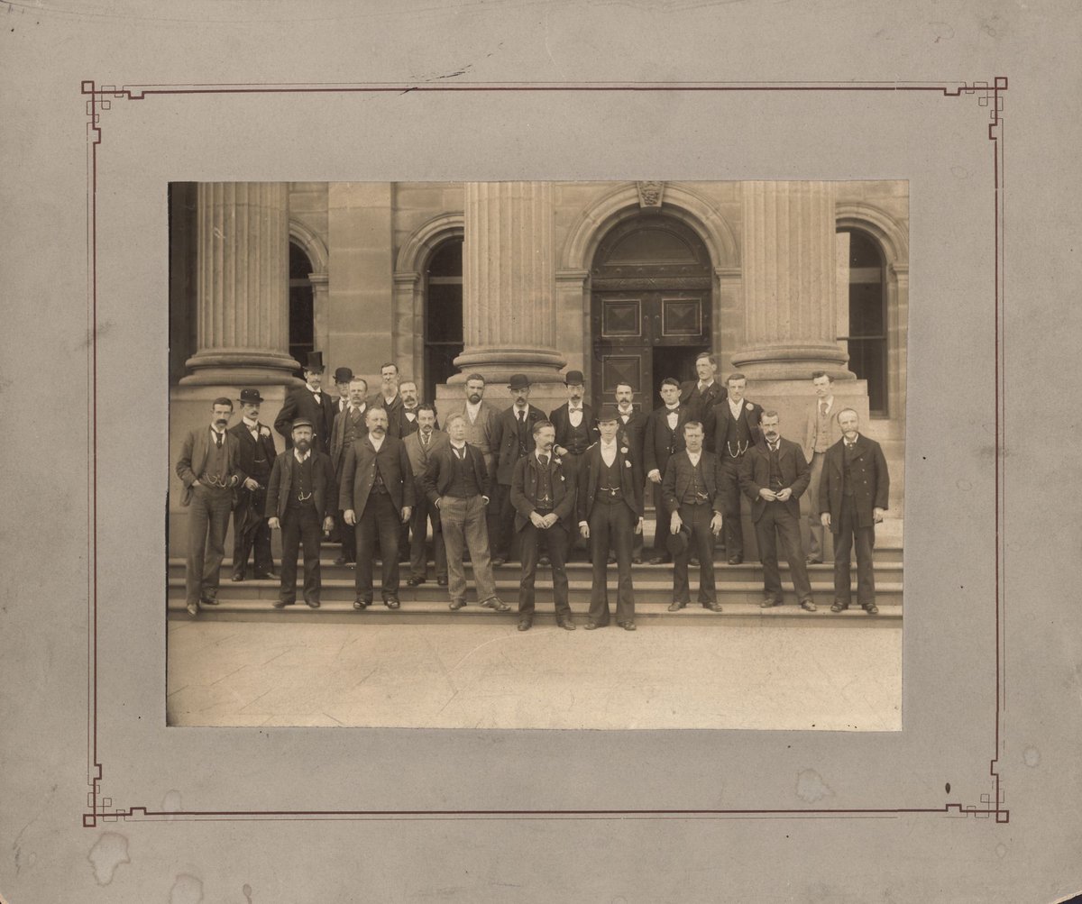 [Staff of Melbourne Public Library standing on steps of library, Swanston Street, Melbourne, Victoria], Melbourne City (1896–98)