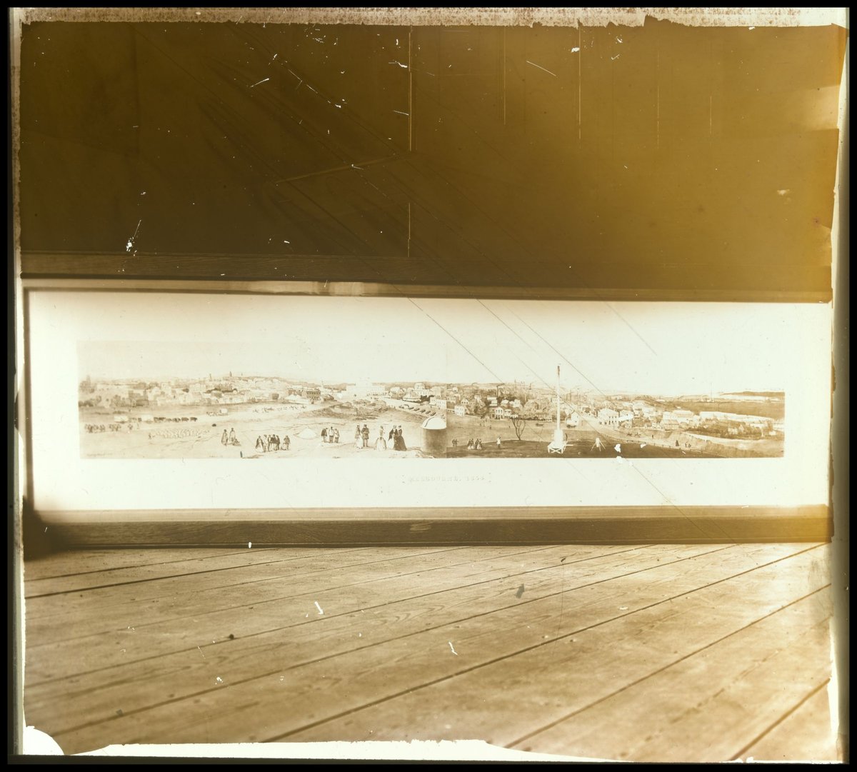 Photograph of a framed drawing of Melbourne in 1853