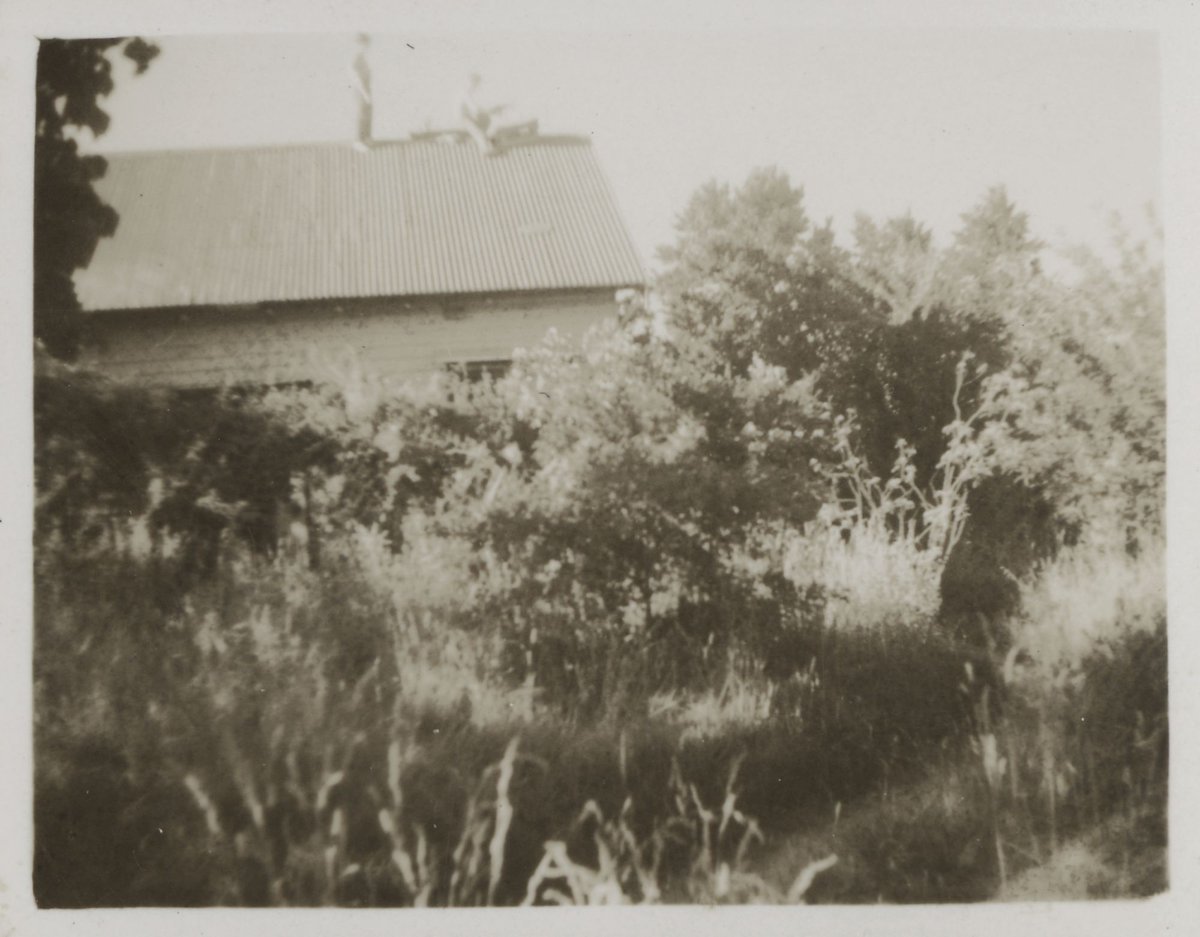 John Perceval painting on the roof watched by Mary Boyd, Open Country, Murrumbeena (1939–45)