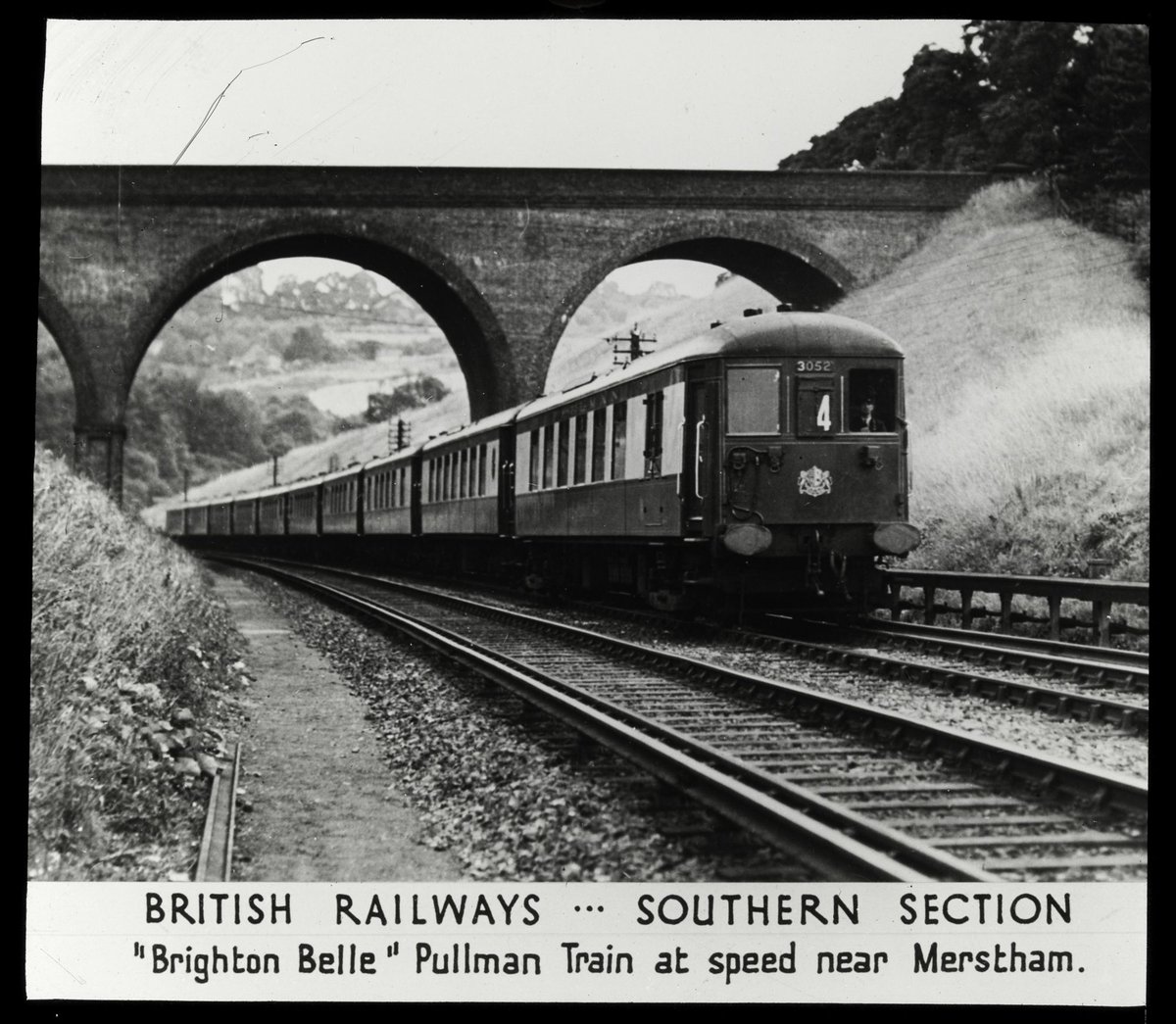 British Railways Southern Section "Brighton Belle" Pullman Train at speed near Merstham (1920–50)