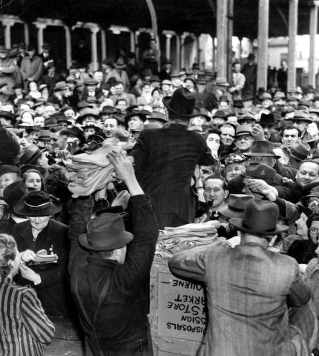 Perhaps it was Melbourne's cold weather which caused the rush for rubber hot water bottles at the Disposal Commission's sale (c. 1946)