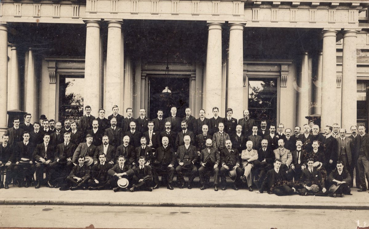 Civil servants in front of the Spring Street government offices, Melbourne, Victoria, Melbourne City (1900–30)