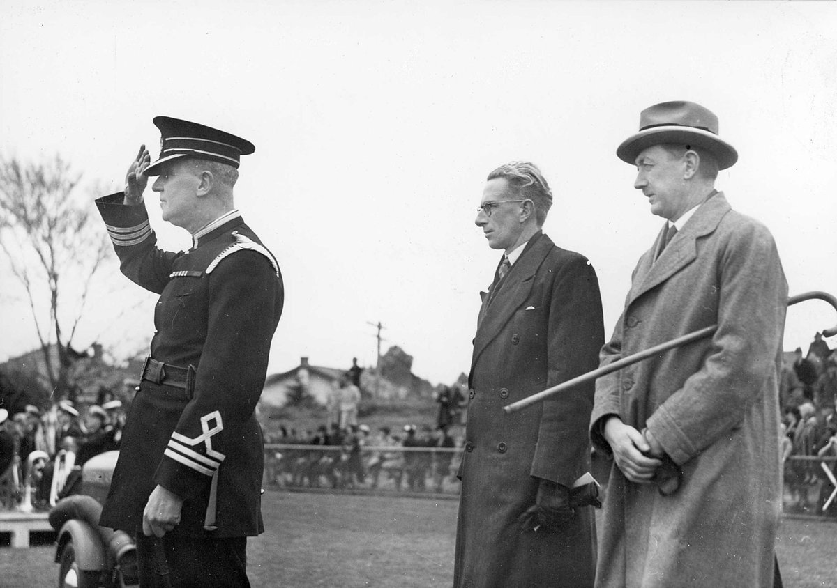 Chief Officer James Kemp of Met. [i.e. Metropolitan] Fire Brigade takes salute at Camberwell Football Ground (1939–45)