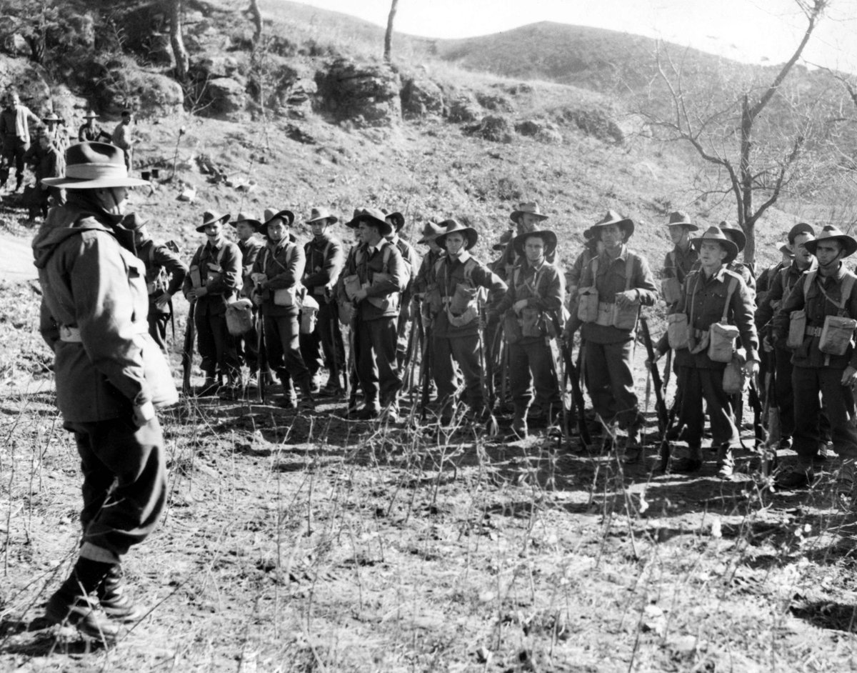 The R.S.M., W.O. W.J. Harrison ... of Coburg, Vic., addresses new reinforcements who have just joined the unit from Australia (1950)