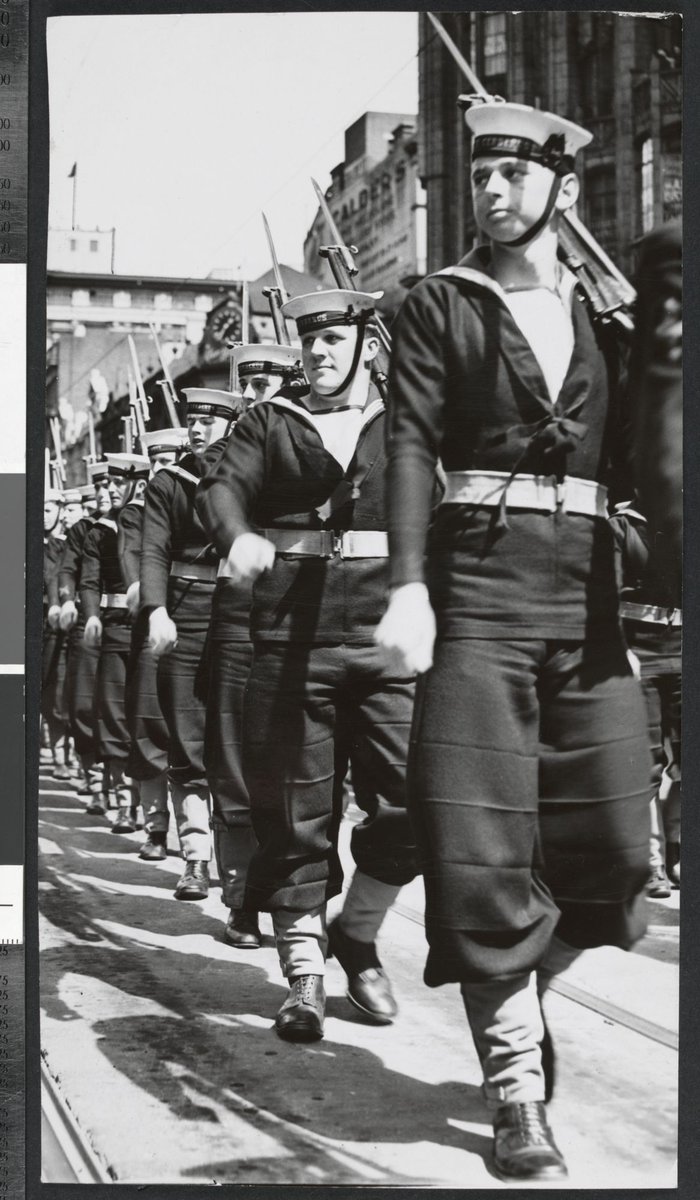 Australian sailors marching down Swanston Street on Trafalgar Day, Melbourne City (1946–49)