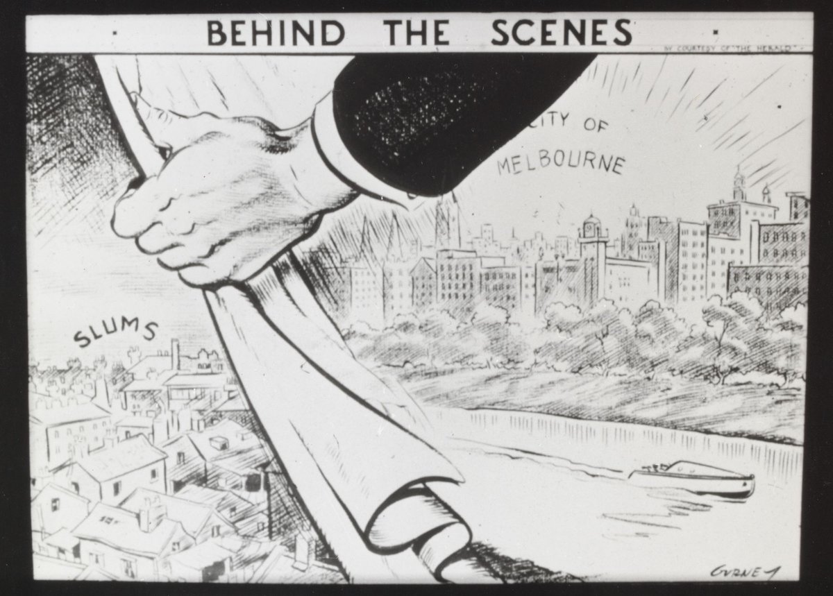 Behind the scenes [flyer showing a hand pulling back an illustrated curtain to reveal the slums behind the public face of the City of Melbourne] (c. 1935)