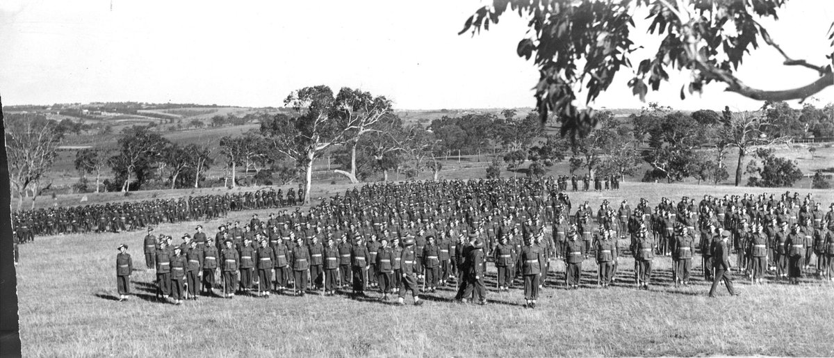 Army men from the 7th Division at drill at Watsonia in training for a Melbourne procession (1944)