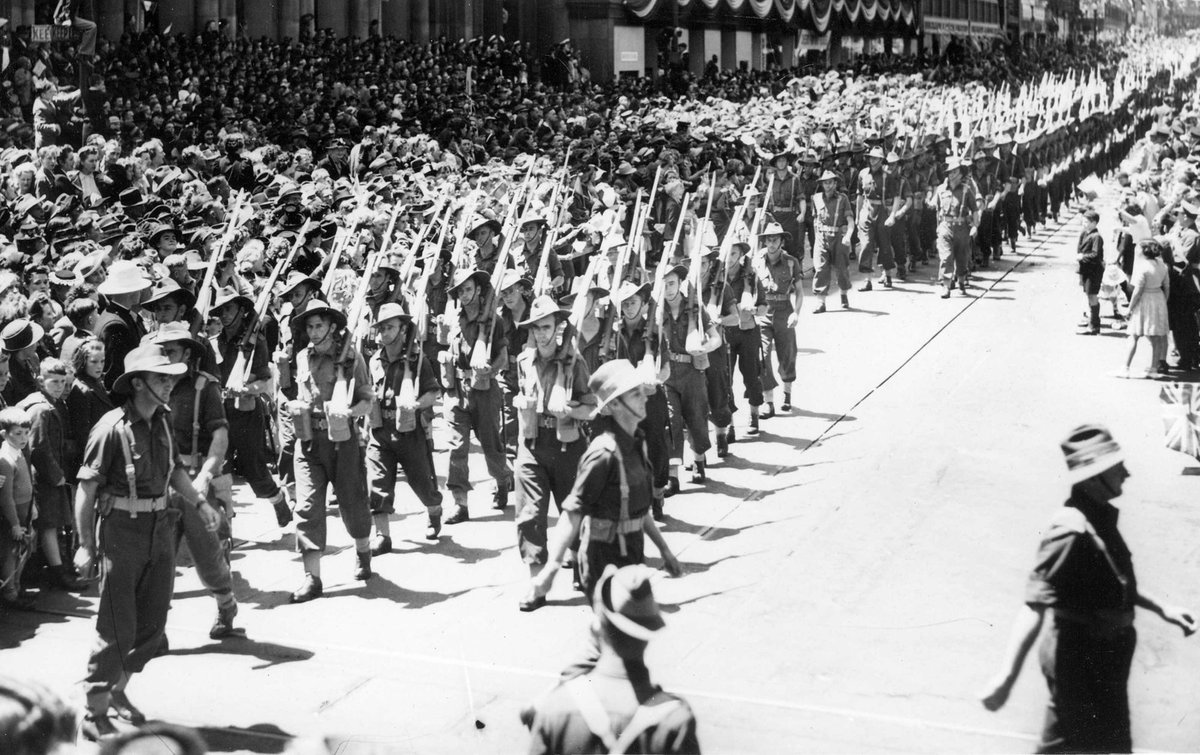 17th Brigade marching through Melbourne, Melbourne City (c. 1943)