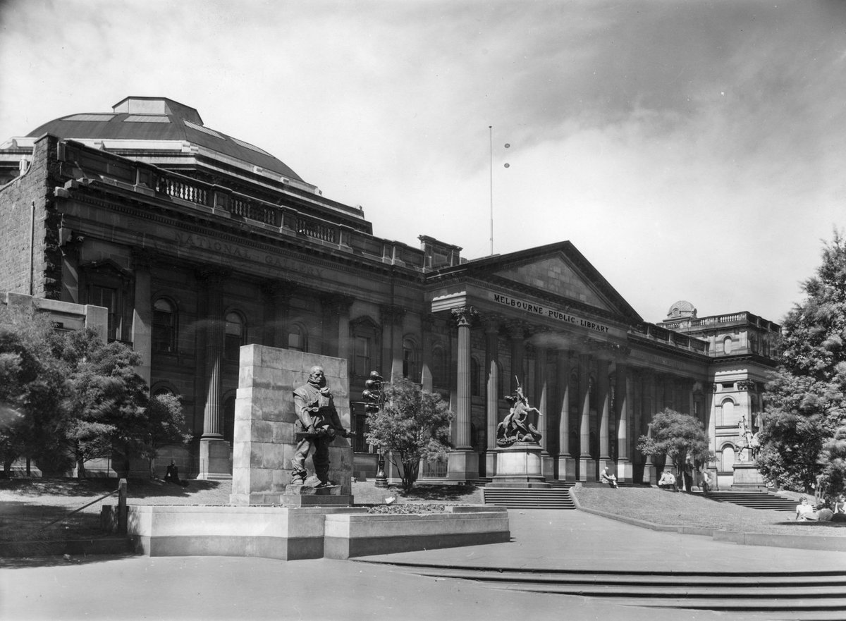 Forecourt of the Public Library of Victoria (later State Library of Victoria) from the corner of Latrobe and Swanston streets, Melbourne City (1951)