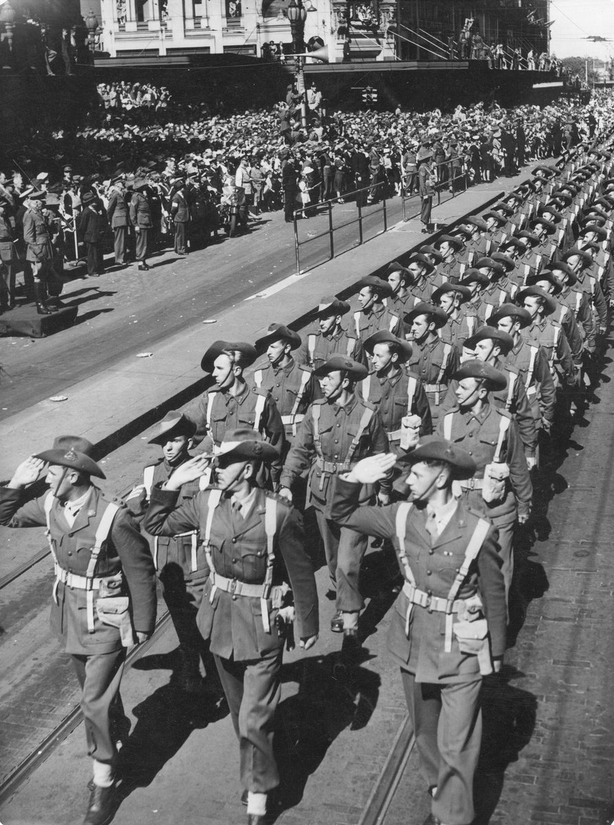A.I.F. soldiers of the 9th Division in Swanston Street, during a march in Melbourne, 1943, Melbourne City