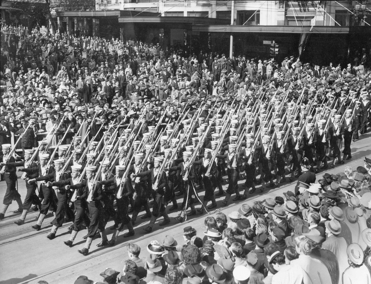 A.I.F. soldiers of the 9th Division in Swanston Street, during a march in Melbourne, 1943, Melbourne City