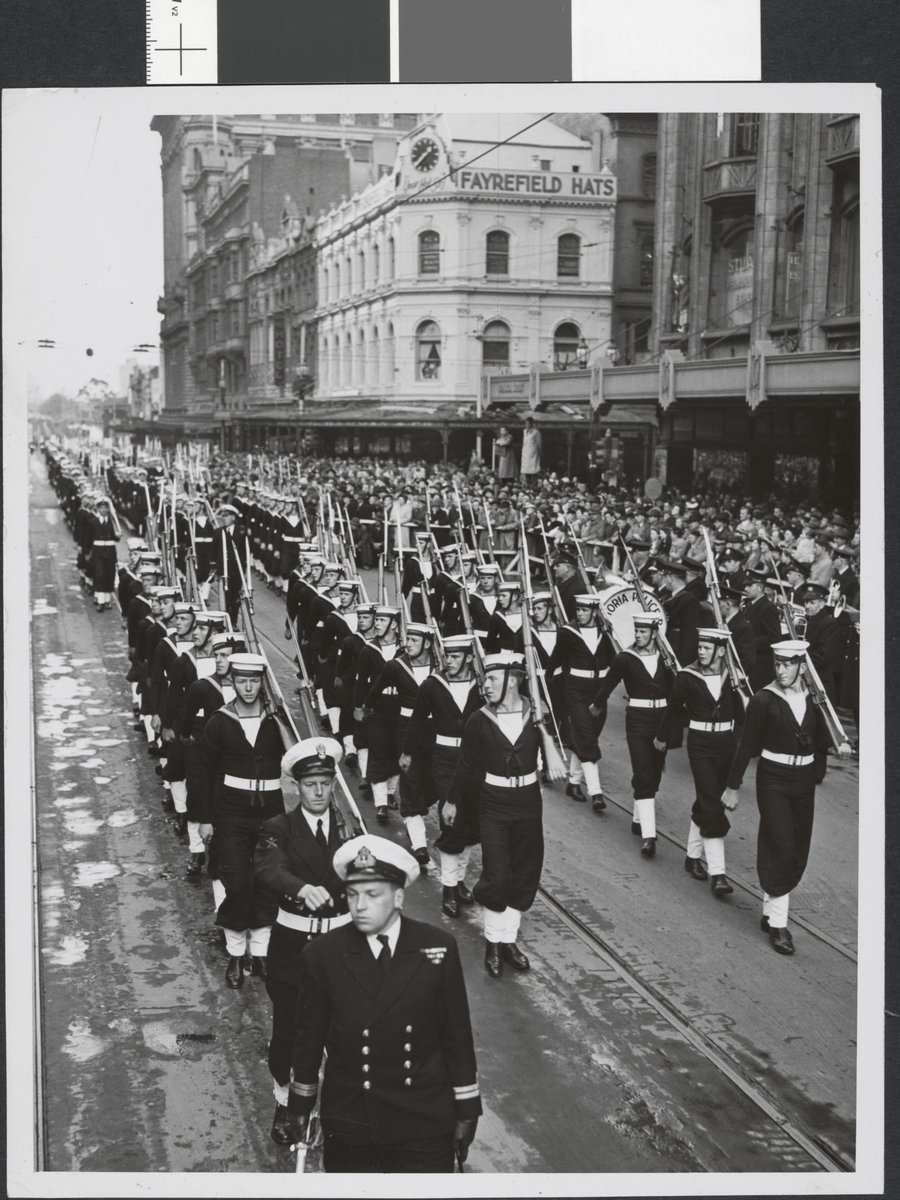 Australian sailors march up Swanston Street for Coral Sea Battle memorial march, Melbourne City (1946–49)