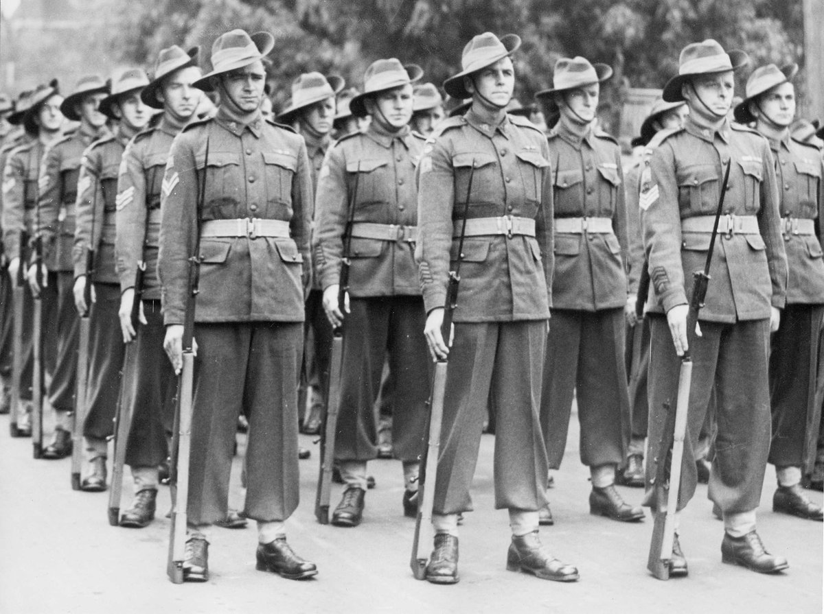Soldiers standing at ease prior to the Victory Contingents march in Melbourne (1943–49)