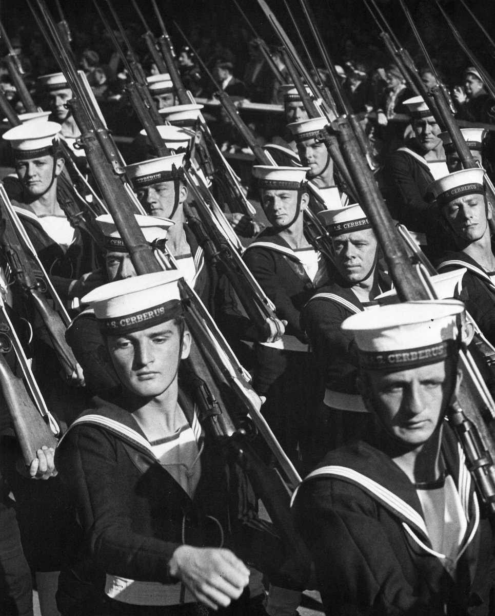 Men of the H.M.A.S. Cerberus marching up Swanston Street for Coral Sea Battle march, Melbourne City (1950–54)