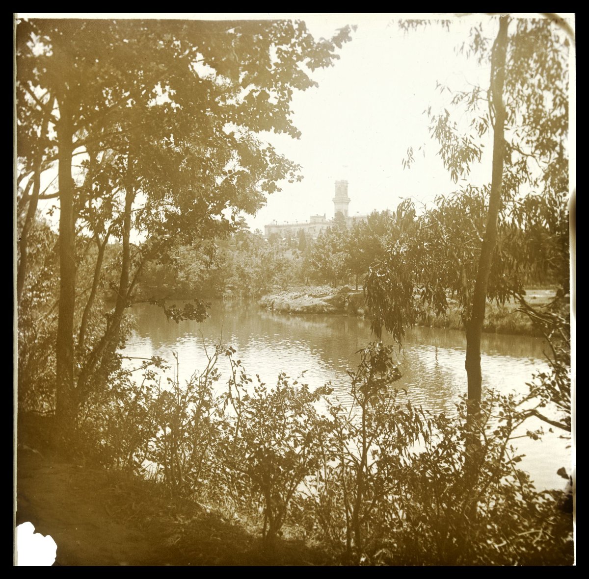 Government House Melbourne from Botanical Gardens lake, Melbourne City (1875–1938)