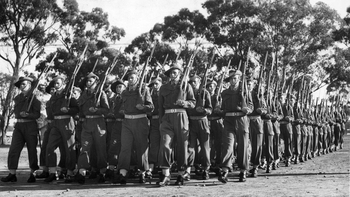National Service Trainees at Puckapunyal rehearsing for the big March Past in Melbourne next Thursday (c. 1952)