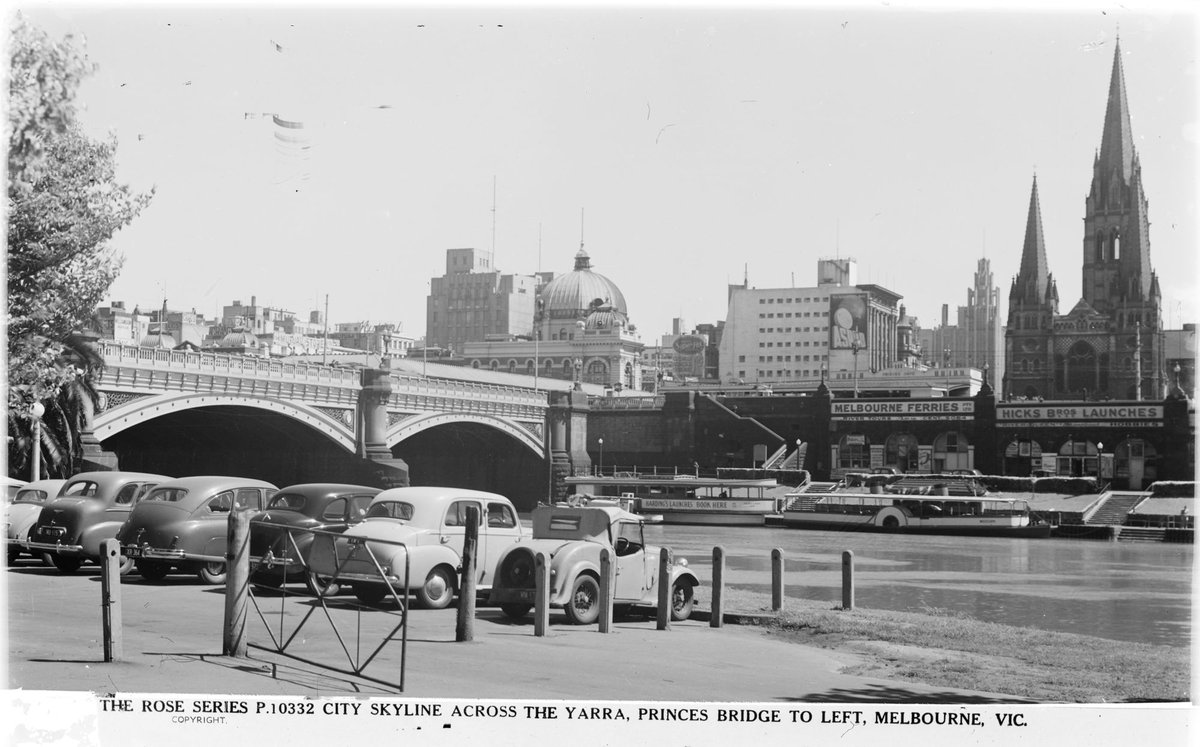 CITY SKYLINE ACROSS THE YARRA, PRINCES BRIDGE TO LEFT, MELBOURNE, VIC, Melbourne City (1920–54)