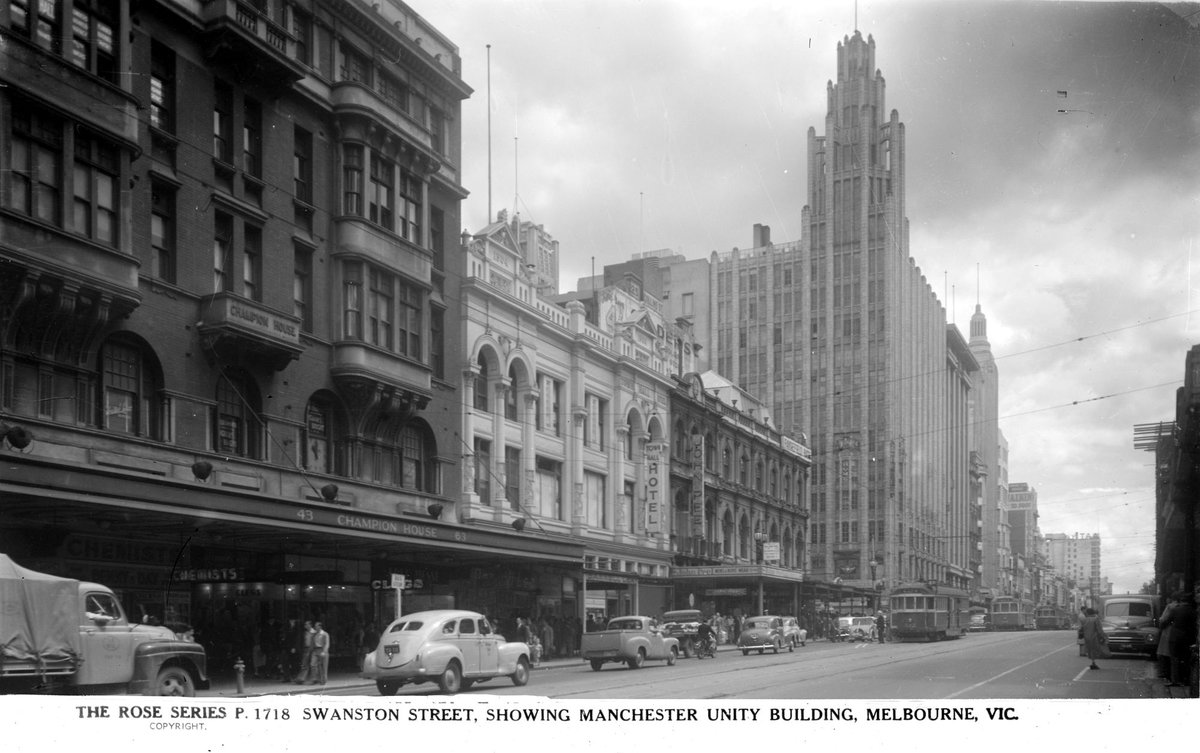 Swanston Street, Showing Manchester Unity Building, Melbourne, Vic, Melbourne City (1920–54)
