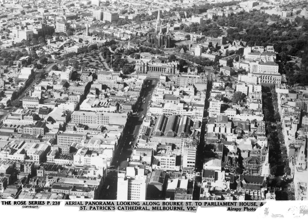 Aerial Panorama Looking Along Bourke St. To Parliament House & St. Patrick's Cathedral, Melbourne , Vic, East Melbourne (1920–54)