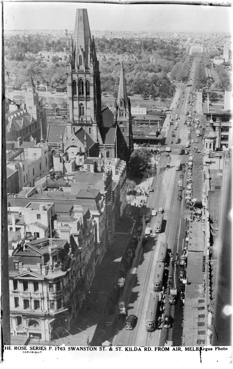 Swanston St. & St. Kilda Rd From Air, Melbourne, Melbourne City (1920–54)