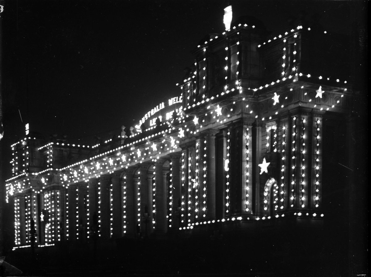 Federal Parliament Building, Melbourne, decorated to welcome16 American battleships to Australia for "Fleet Week" (1908)