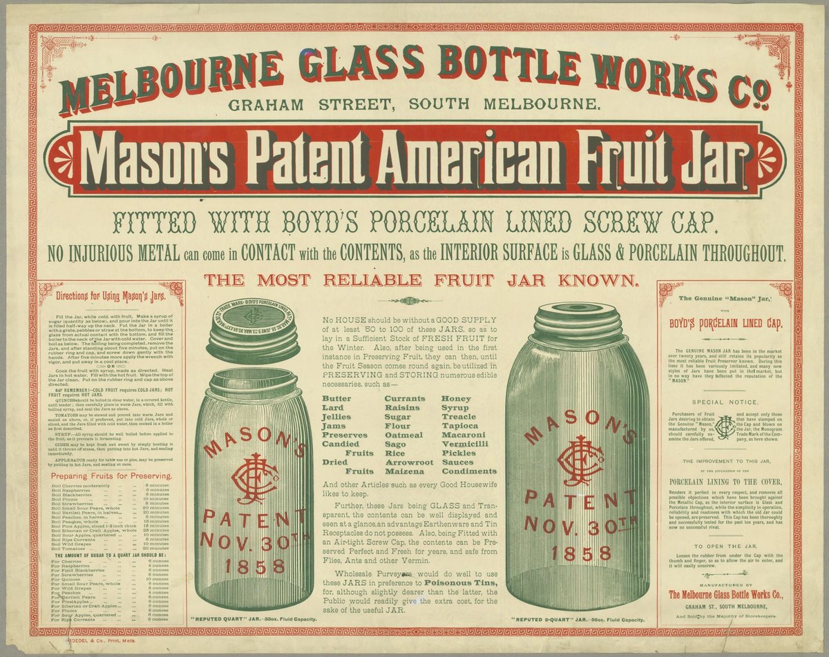 Melbourne Glass Bottle Works Co. Mason's Patent American Fruit Jar (1890–1900)
