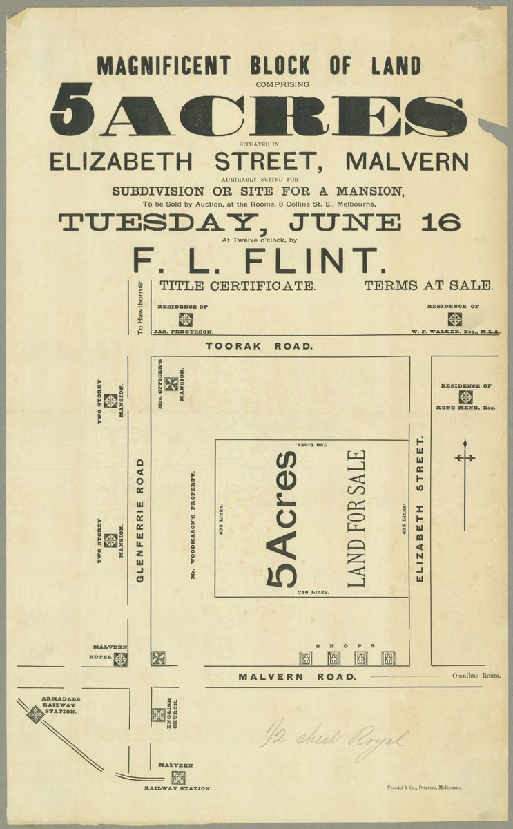 Magnificent block of land comprising 5 acres, situated in Elizabeth Street, Malvern [Auction notice] (1885)